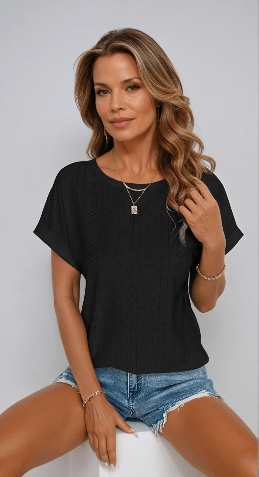 By Esther™ | Casual Eyelet Top with Playful Details